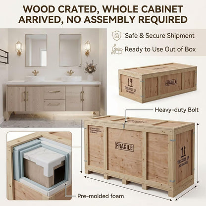 60"-96"Light Oak Bathroom Vanity with Double Vessel Sinks & Gold Hardware