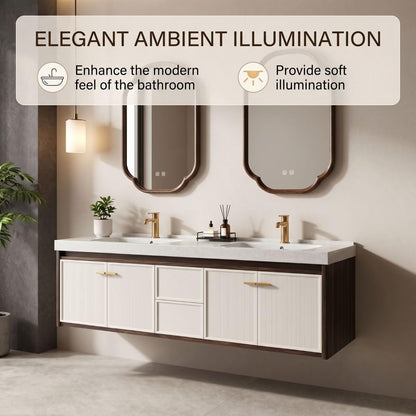 60"-96"Floating Double Bathroom Vanity with White Ribbed Doors & Arched LED Mirrors