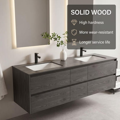 60"-96"Dark Oak Floating Bathroom Vanity with Double Sinks & LED Backlit Mirrors