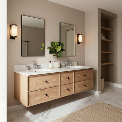 60"-96"Floating Oak Double Bathroom Vanity with Marble Countertop & 6 Drawer Storage