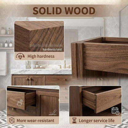 60"-96"Modern Wood Floating Vanity with Marble Countertop & LED Bathroom Mirror
