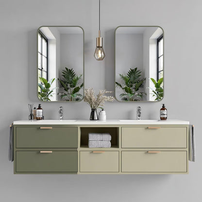 60"-96"Modern Green Bathroom Vanity with White Top & Soft-Close Drawers