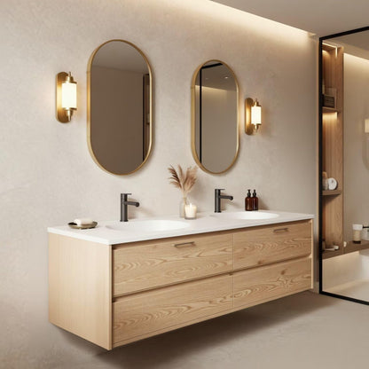 60"-96"Light Oak Bathroom Vanity with Double Sink & Wall-Mounted Storage