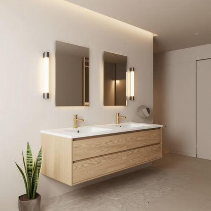 60"-96"Floating Oak Double Bathroom Vanity with White Top & Side Open Shelves