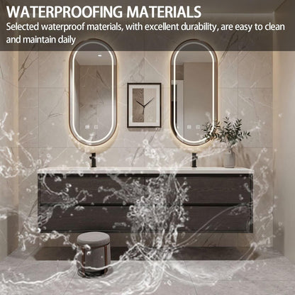 60”-84”Double Sink Floating Bathroom Vanity with Oval LED Mirrors, Dark Gray Wood Cabinet