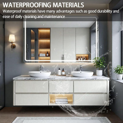 60"-84"Floating White Bathroom Vanity with Marble Top & LED Mirror, Double Vessel Sinks