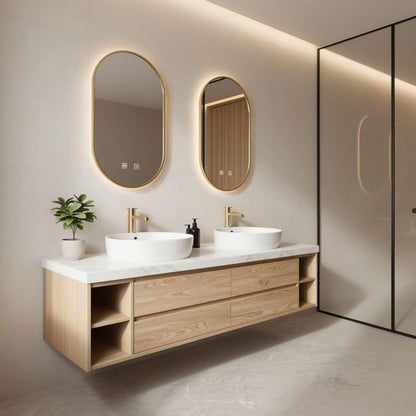 60”-84”Double Vanity, White Floating Cabinet with Gold Trim Oval LED Mirrors