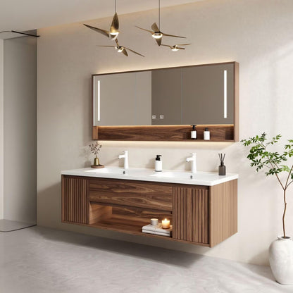 60”-84”Double Sink Floating Bathroom Vanity with LED Mirror Cabinet, Walnut Fluted Cabinet