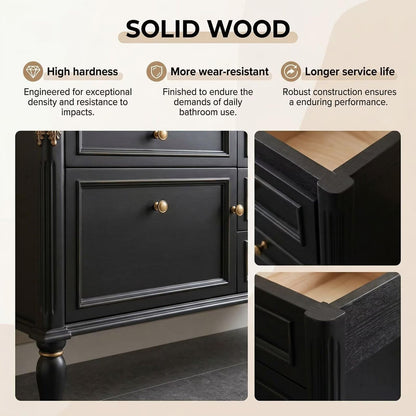 60"-96"Black Double Sink Bathroom Vanity with Marble Top & Gold Accents