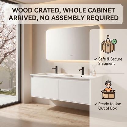 60"-96"White Floating Double Bathroom Vanity with Integrated Sinks & LED Backlit Mirror