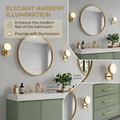 60"-96"Modern Green Bathroom Vanity with Gold Hardware & Round Gold Frame Mirrors