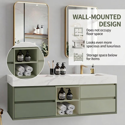 60"-96"Modern Sage Green Bathroom Vanity with Marble Top & Gold LED Mirrors