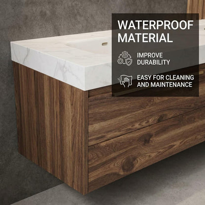 60"-96"Modern Wood Floating Bathroom Vanity with Double Sinks, Marble Countertop & LED Mirrors