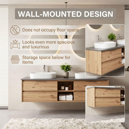 60“-96”Modern Oak Bathroom Vanity with Stone Countertop & LED Backlit Round Mirrors