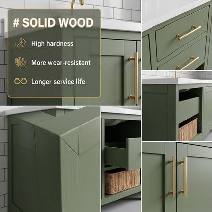 60"-96"Contemporary Sage Green Vanity with Gold Trim, Drawers & Open Shelf