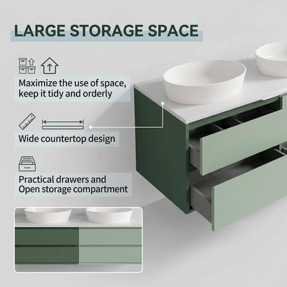 60"-96"Sage Green Floating Bathroom Vanity with Double Sinks & Black Framed Mirrors