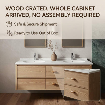 60"-96"Modern Floating Bathroom Vanity, Light Oak Double Sink Cabinet with Drawers
