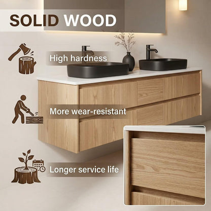 60"-96"Light Oak Bathroom Vanity with Double Sink & Wall-Mounted Drawers