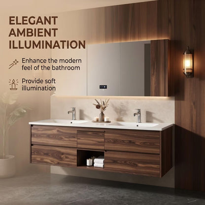 60"-96"Walnut Floating Double Bathroom Vanity with LED Medicine Cabinet & Open Shelf
