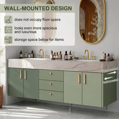 60"-96"Modern Green Bathroom Vanity with Double Sinks & Soft-Close Storage Drawers