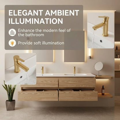 60"-96"Floating Oak Double Bathroom Vanity with White Top & Side Open Shelves