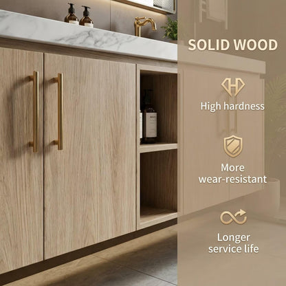 60"-96"Modern Light Wood Floating Vanity with Double Sinks & LED Lighted Mirror Cabinet