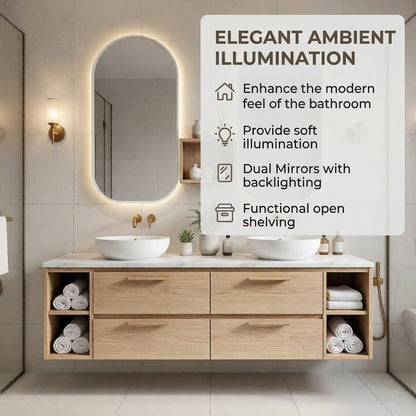 60“-96”Contemporary Oak Bathroom Vanity with Marble Countertop & LED Backlit Mirrors