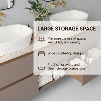 60"-96"Modern Taupe Bathroom Vanity with Open Shelf, Double Sinks & Gold Hardware