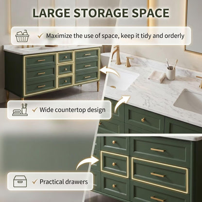 60"-96"Vintage Green Bathroom Vanity with Double Sink & Arched LED Mirrors