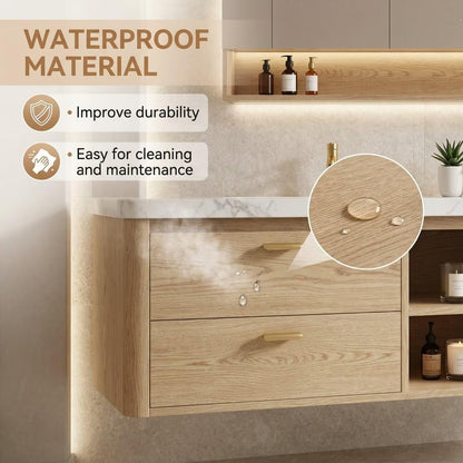 60"-96"Floating Oak Double Bathroom Vanity with Marble Countertop & LED Mirror Cabinet