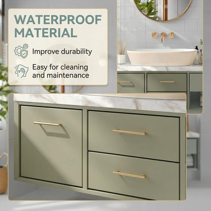 60"-96"Sage Green Floating Bathroom Vanity with Marble Top & Gold Round Mirrors