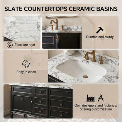 60"-96"Black Double Sink Bathroom Vanity with Marble Top & Gold Accents
