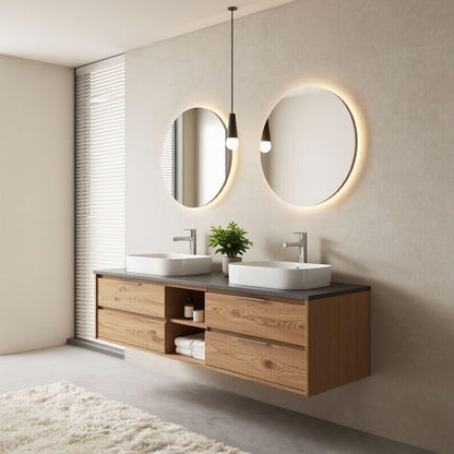 60“-96”Modern Oak Bathroom Vanity with Stone Countertop & LED Backlit Round Mirrors
