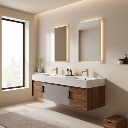 60"-96"Modern Floating Bathroom Vanity with Double Sinks, Two-Tone Cabinet & LED Backlit Mirrors