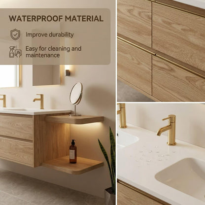 60"-96"Floating Oak Double Bathroom Vanity with White Top & Side Open Shelves