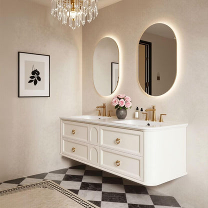 60"-96"Cream White Floating Bathroom Vanity with Double Sinks & LED Oval Mirrors