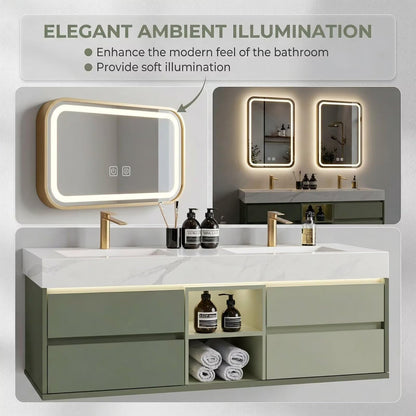 60"-96"Modern Sage Green Bathroom Vanity with Marble Top & Gold LED Mirrors