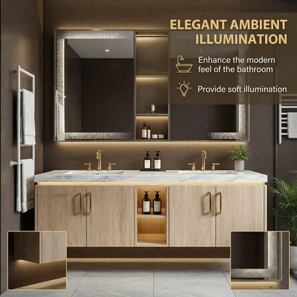 60"-96"Modern Light Wood Floating Vanity with Double Sinks & LED Lighted Mirror Cabinet