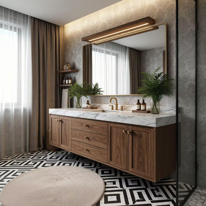 60"-96"Modern Wood Floating Vanity with Marble Countertop & LED Bathroom Mirror