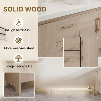 60"-96"Light Oak Bathroom Vanity with Double Vessel Sinks & Gold Hardware