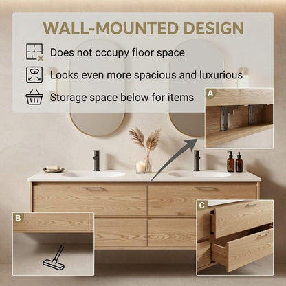 60"-96"Light Oak Bathroom Vanity with Double Sink & Wall-Mounted Storage