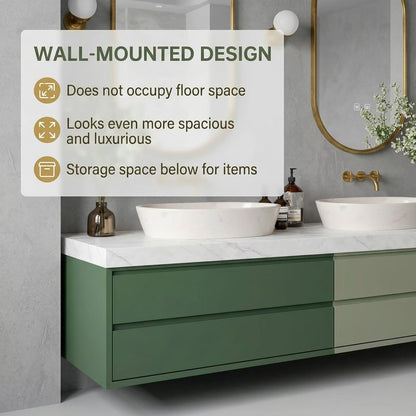 60"-96"Modern Green Bathroom Vanity with White Marble Top & Oval Gold Frame Mirrors
