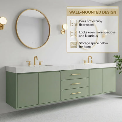 60"-96"Modern Green Bathroom Vanity with Gold Hardware & Round Gold Frame Mirrors
