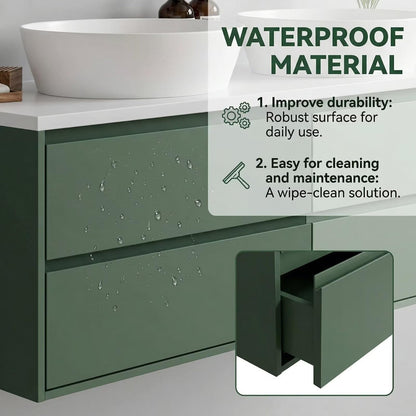 60"-96"Sage Green Floating Bathroom Vanity with Double Sinks & Black Framed Mirrors