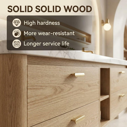 60"-96"Floating Oak Double Bathroom Vanity with Marble Countertop & LED Mirror Cabinet