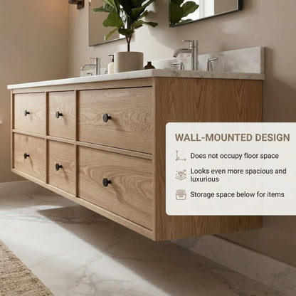 60"-96"Floating Oak Double Bathroom Vanity with Marble Countertop & 6 Drawer Storage