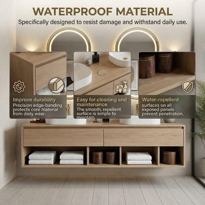 60“-96”Modern oak bathroom vanity with double vessel sinks, wall-mounted storage cabinet