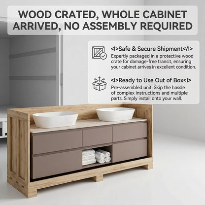 60"-96"Modern Taupe Bathroom Vanity with Open Shelf, Double Sinks & Gold Hardware