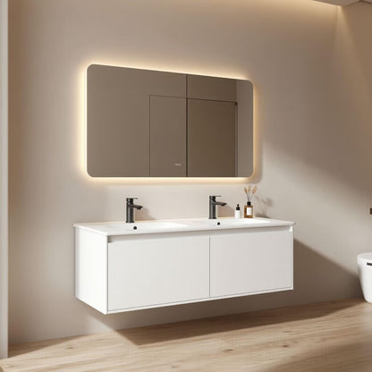 60"-96"White Floating Double Bathroom Vanity with Integrated Sinks & LED Backlit Mirror