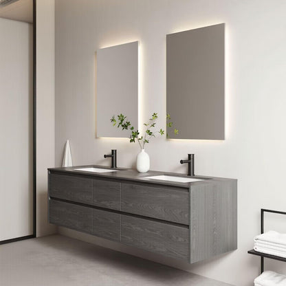 60"-96"Dark Oak Floating Bathroom Vanity with Double Sinks & LED Backlit Mirrors